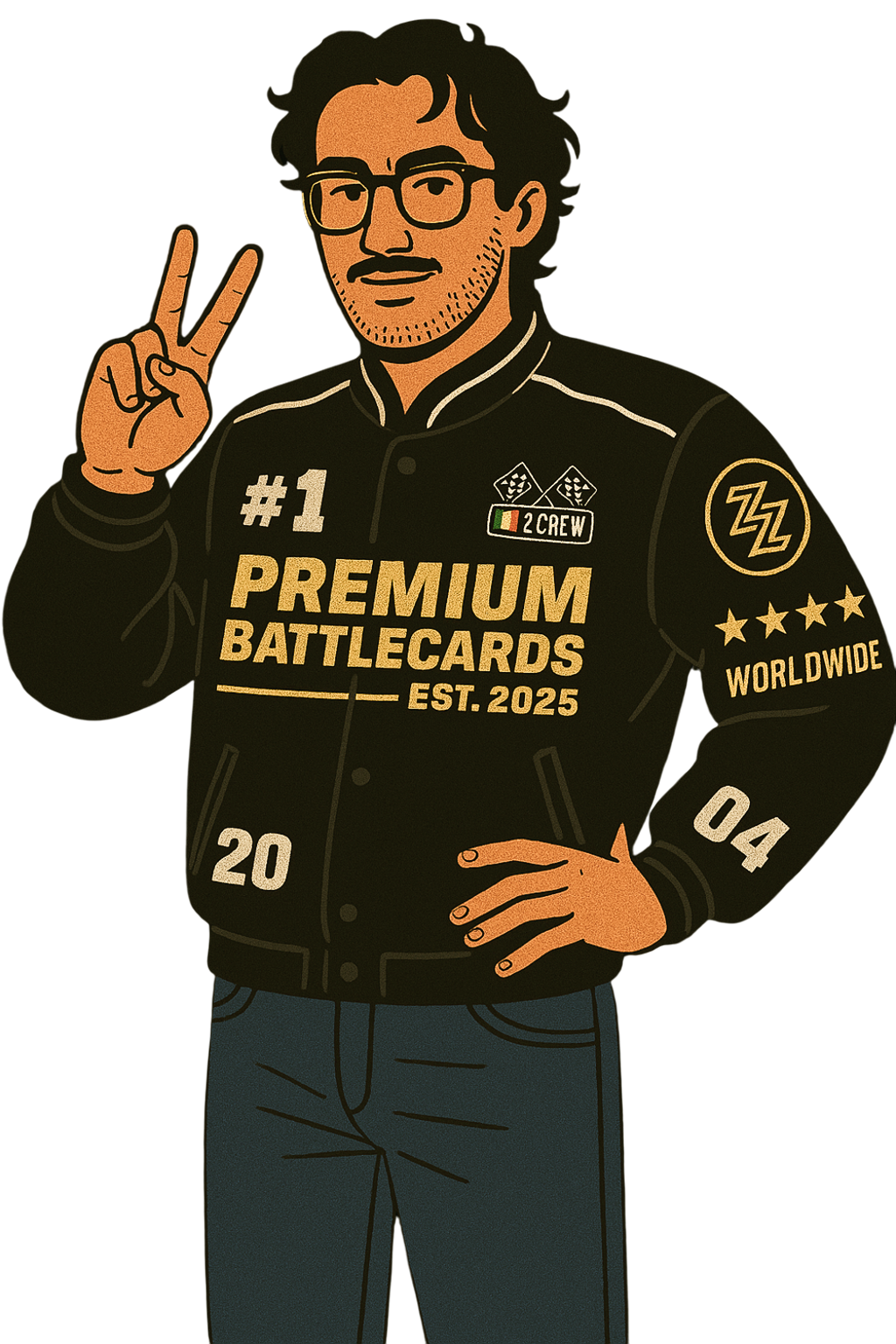 Founder illustration wearing a Premium Battlecards jacket